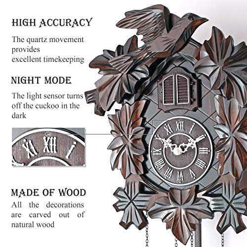 Polaris Clocks Cuckoo Clock with Night Mode, Hand Carved Birds, Weights and Swinging Pendulum (Brown, 20" Size)