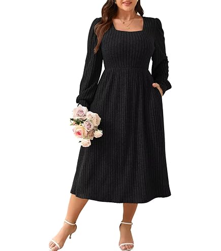 Eytino Women Plus Size Sweater Dress Square Neck Dresses, Black, 1X