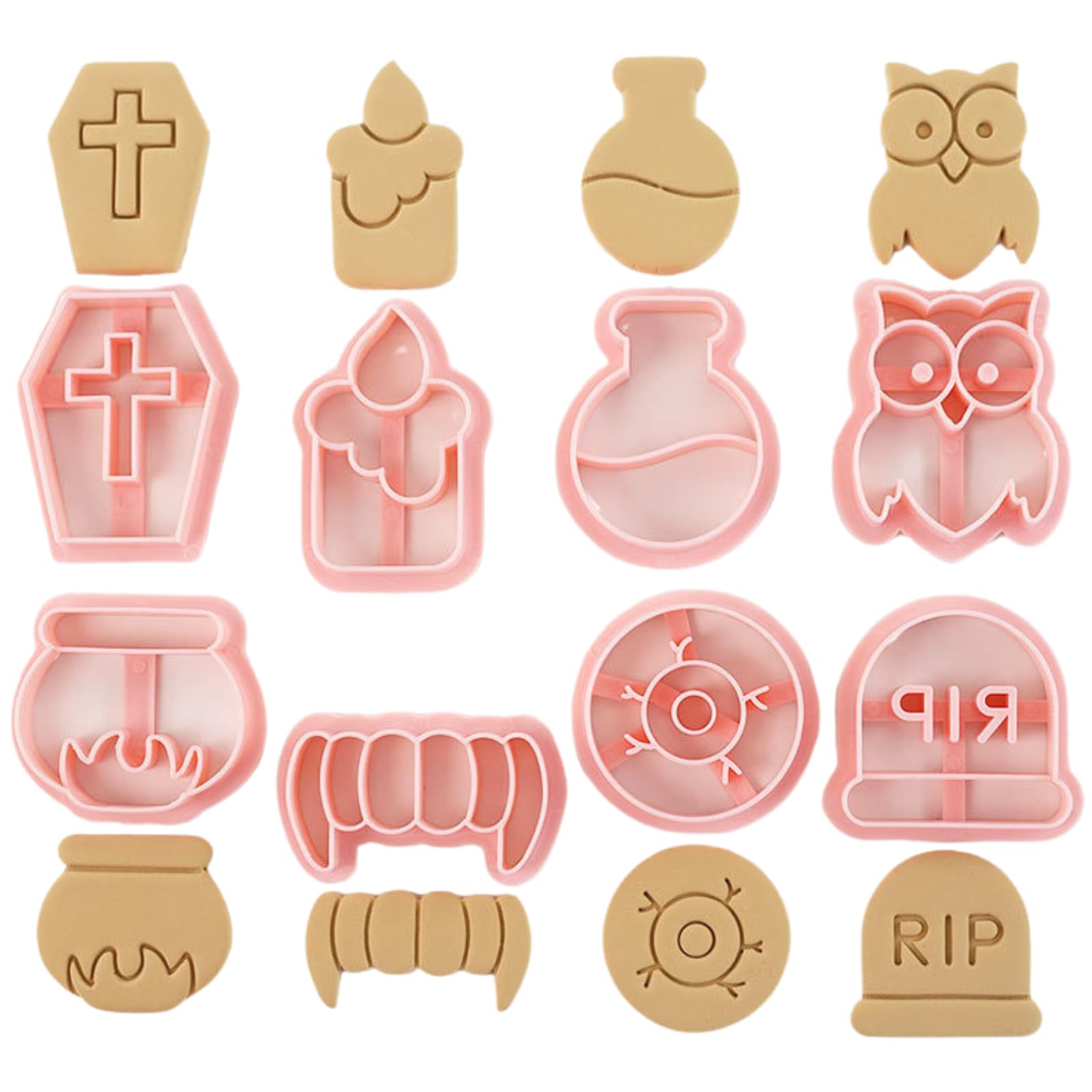 PTaizjjz Mini Halloween Cookie Cutters, 8pcs 3D Halloween Cookie Stamps-Candle,Tombstone,Owl,Alchemy,Furnace,Eye,Coffin, Vampire Teeth,Poison Biscuit Cutter — image 1