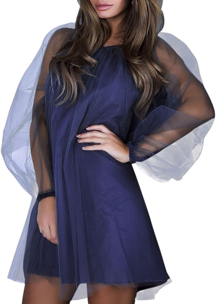 Womens Long Sleeve Net Yarn Round Collar Dress Evening Party Dress
