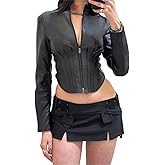 TOMETO STAR Women Punk Techwear Crop Jacket - Faux Leather Long Sleeves Zipper Mock Neck Gothic Biker Streetwear