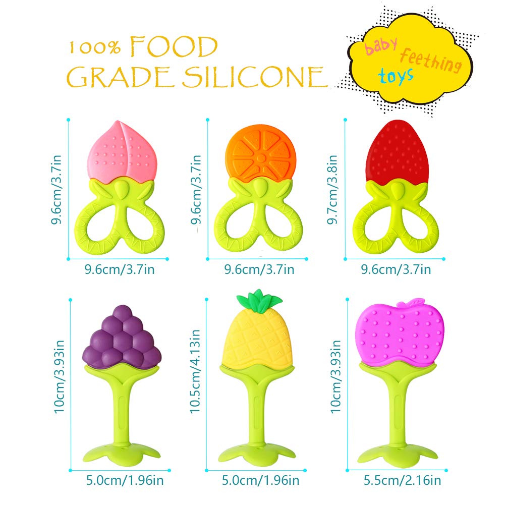 VDROL Anneaux de Dentition Bébé Naturel Sans BPA Jouet Dentition Fruits en Silicone avec Attache-Sucette pour Bébés et Nourrissons (7 Pièces)