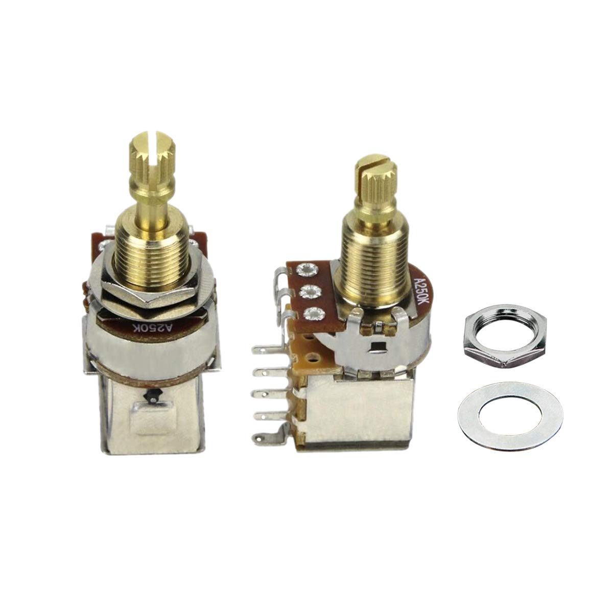 FLEOR 2PCS A250K Push Push Bounce Switch Potentiometer Audio Taper Pot Long Split Copper Shaft for Electric Guitar Bass Volume/Tone Controls