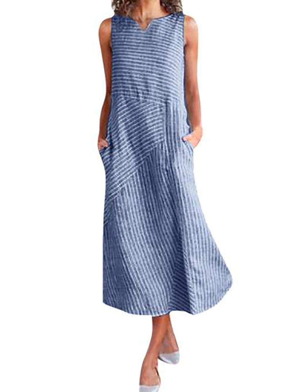 UpBeauty Women Casual Striped Sleeveless Loose Beach Long Dress with Pockets Dresses Light Blue