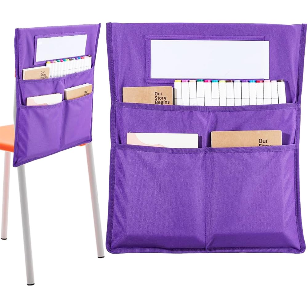 CRASPIRE Chair Buddy Storage Pocket 19 x 16.5in Chair Back Organizer Chart Purple with Name Tag Label Slot Students Seat Chairback Multiple Pockets for School Home Classroom Preschool Daycare Supplies