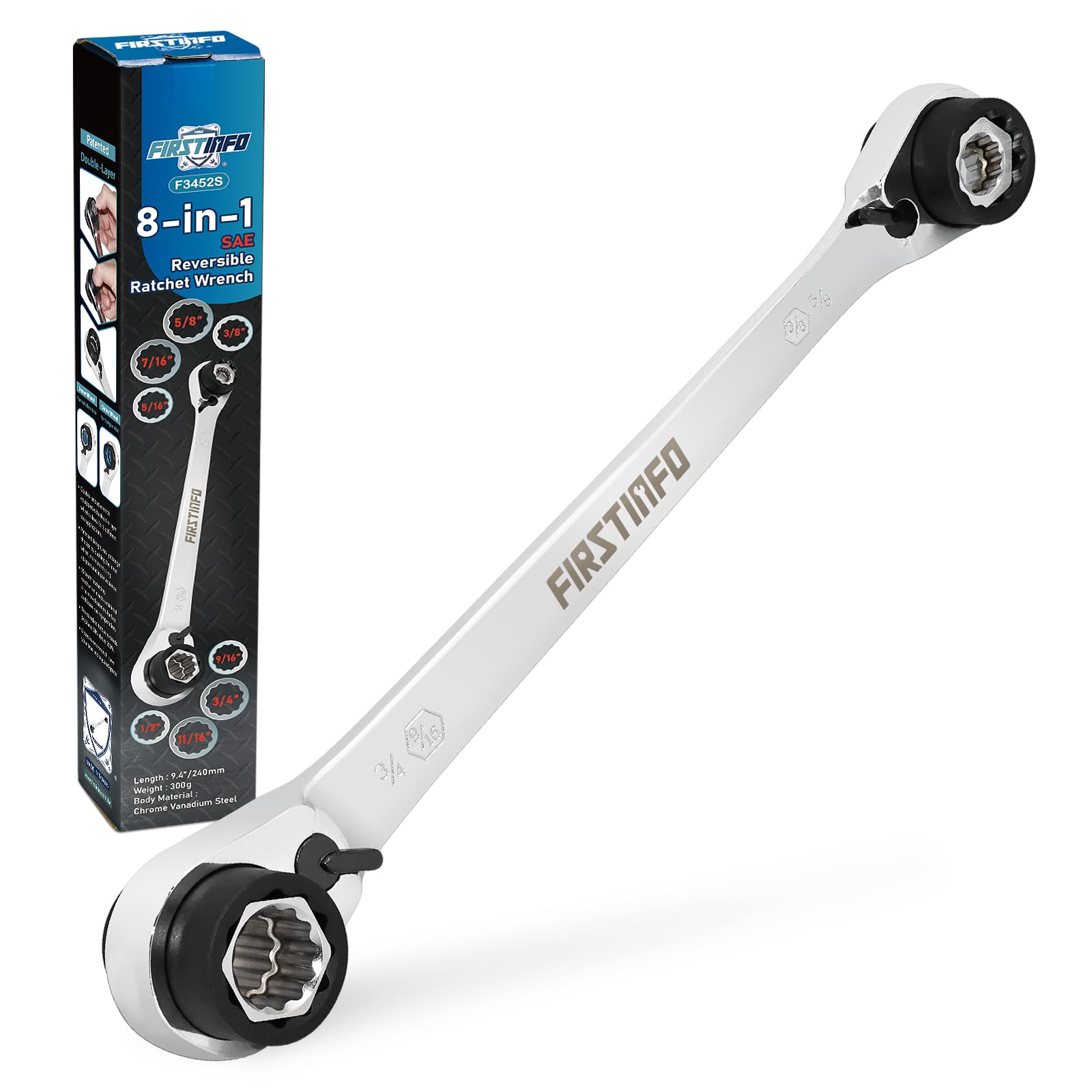 FIRSTINFO F3452S Ratchet Ring Spanner 8-in-1, 12 Point Ratchet, | SAE | CR-V | 90 Teeth Reversible Combination Wrench Including 5/16" 3/8" 7/16" 1/2" 9/16" 5/8" 11/16" 3/4"