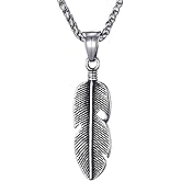 Moolee Mens Feather Pendant Necklace with Stainless Steel Link Chain