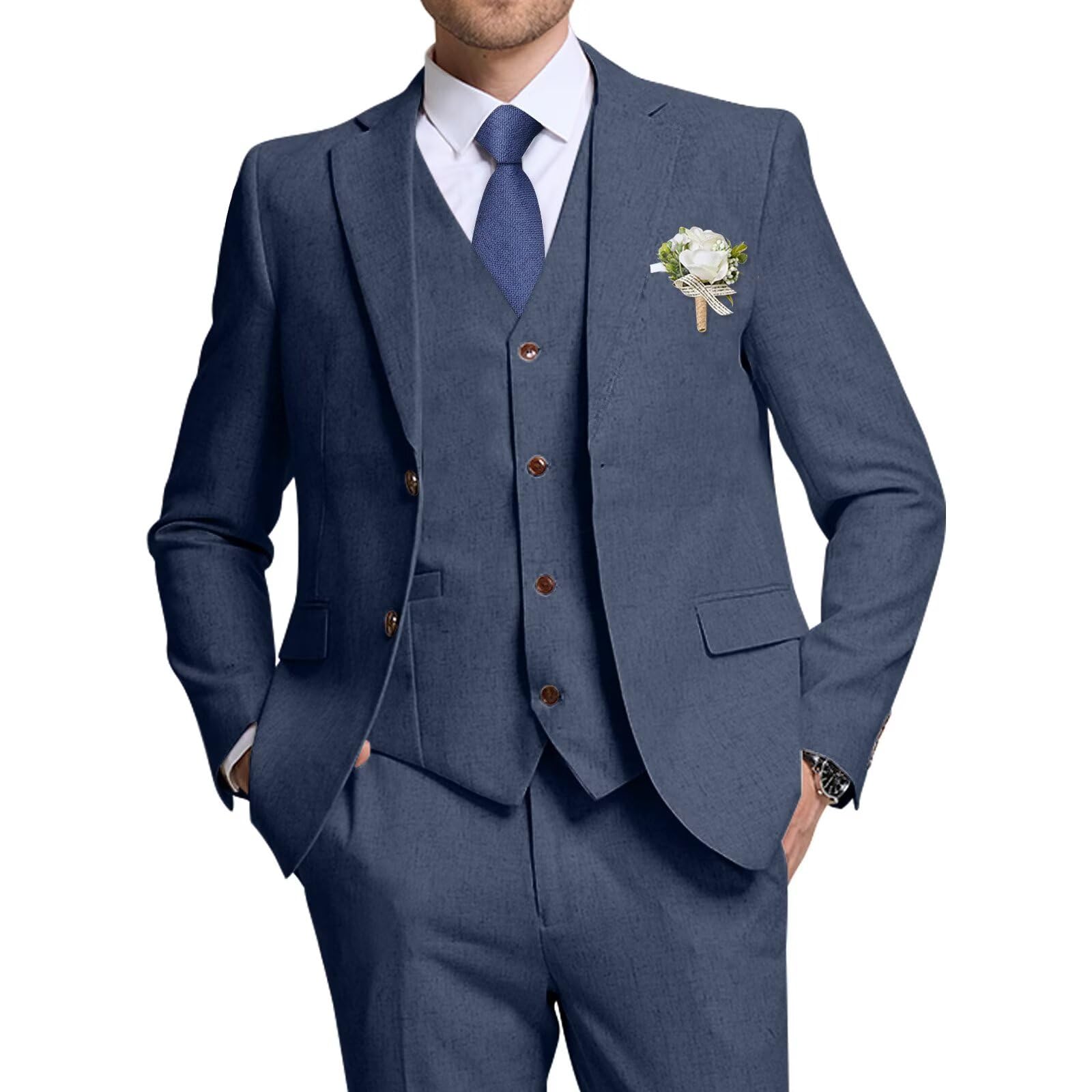 High-End Suits Men Suits Navy Blue Linen Blazer