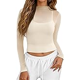 Yousify Womens Mesh Long Sleeve Crop Tops Mock Neck Double Lined Shirt Padded Workout Yoga Shirts