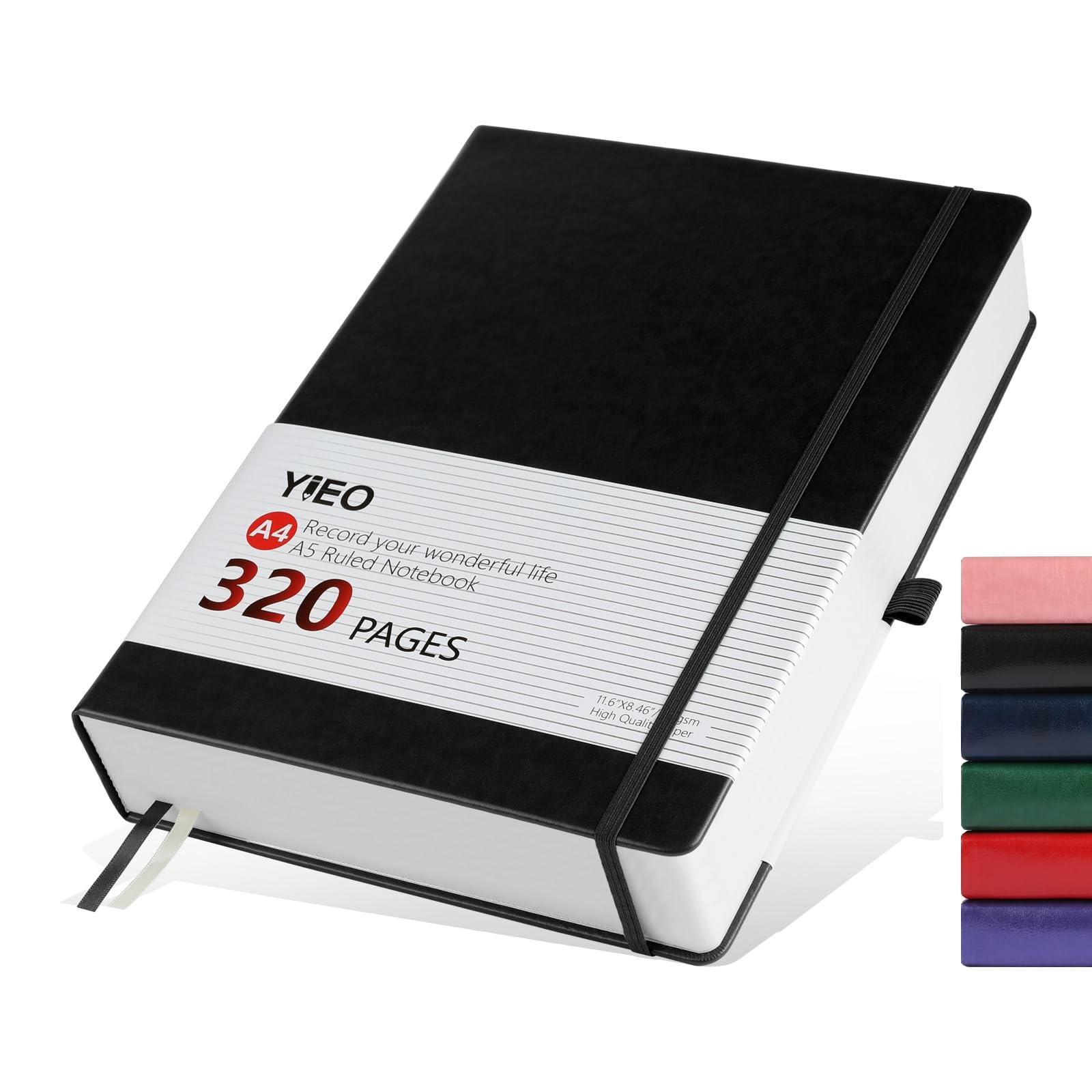 Notebook A4, Thick A4 Notebook Hardback Journal Notebook 320 Pages 100GSM A4 Lined Note Book, Extra Large Hardcover Notepad with Inner Pocket, Pen Loop, and 2 Ribbon Page Marker, 21.5 x 27.9cm-Black