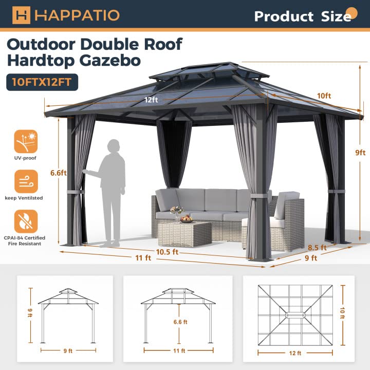 Happatio 10 x 12 hardtop gazebo outdoor polycarbonate double roof