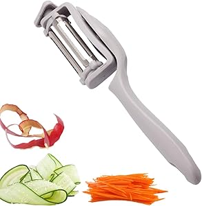 Julienne Peeler 4 in 1 Multifunctional Stainless Steel fruit and Vegetable Peeler - Citrus Orange Peeler Potato Peelers with Rotating Serrated Straight and Slicer Blades(Gray)