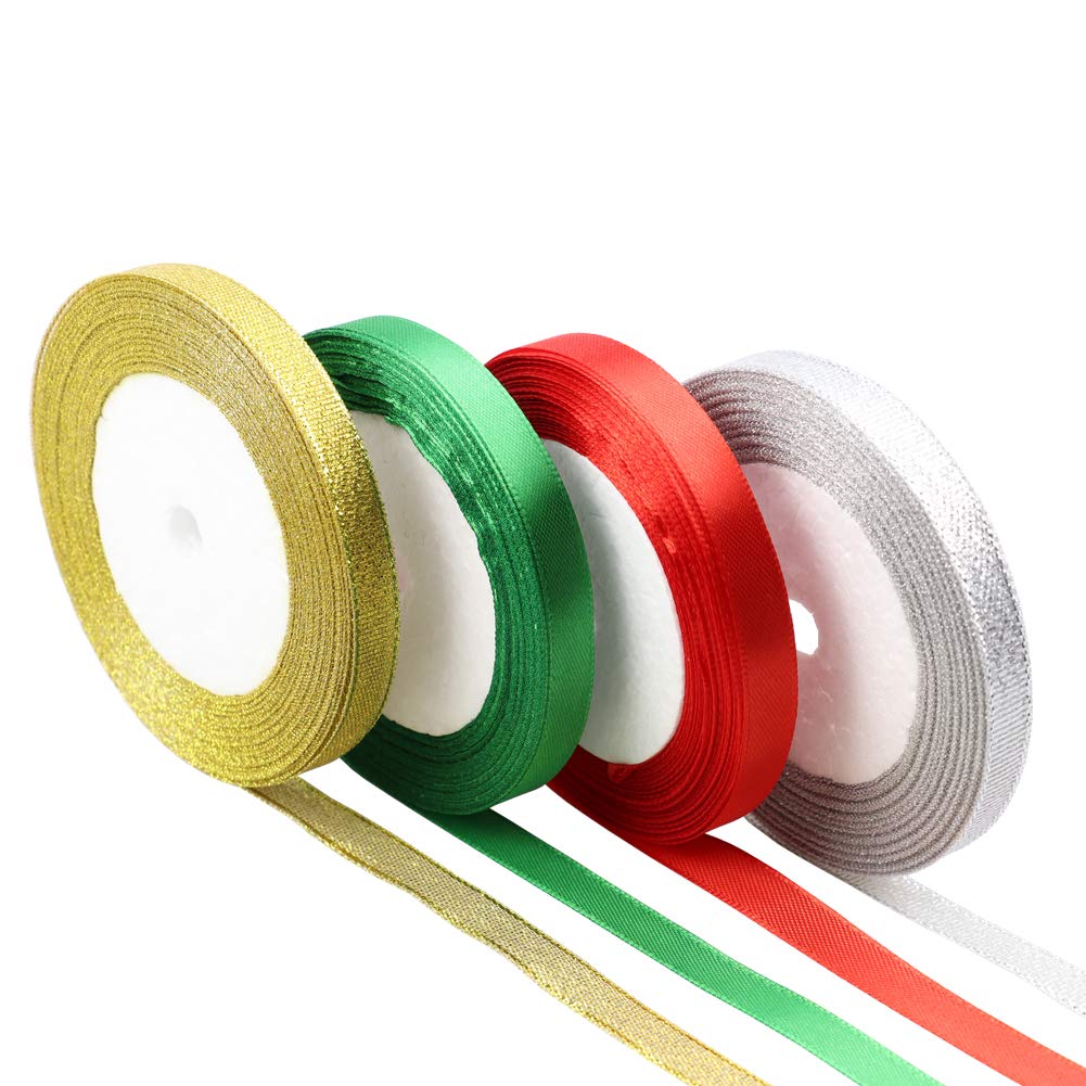 Sofecto 4 Rolls 100 Yards Christmas Ribbons, 2 Rolls Satin Ribbon and 2 Rolls Glitter Metallic Ribbon, 10mm Wide Festival Ribbon for Gift Wrapping Decoration DIY Crafts(Red, Green, Gold, Silver)