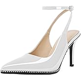 Soireelady Womens White Slingback Heels Ankle Strap Pumps Stiletto Beaded Pumps White High Heels Dress Shoes 3.5 Inches White US Size 8.5