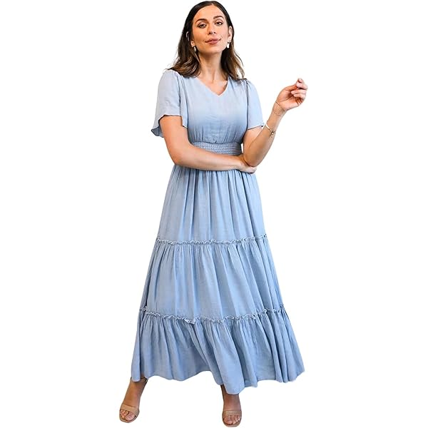 Amazon.com: Mikarose Women's The Eden Flutter Sleeve Tiered Empire Waist  Modest Maxi Dress (Lavender Hydrangea, Medium) : Clothing, Shoes & Jewelry