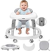 Baby Walker with Wheels, One-Touch Folding Portable Baby Walkers with Height Adjustment, Large Dinner Plate and Brake, Walker for Baby Boy Girls 6-18 Months, Gray