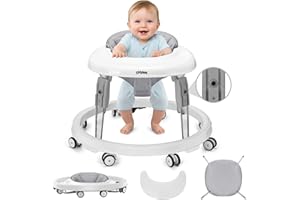 Wnttmt Baby Walker with Wheels, One-Touch Folding Portable Baby Walkers with Height Adjustment, Large Dinner Plate and Brake, Walker for Baby Boy Girls 6-18 Months, Gray