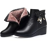 Women's Black Wedge Heel Ankle Booties Soft Leather Platform Side Zipper Sparkling Rhinestones Winter Warm Fur Lined Thickening Snow Boot