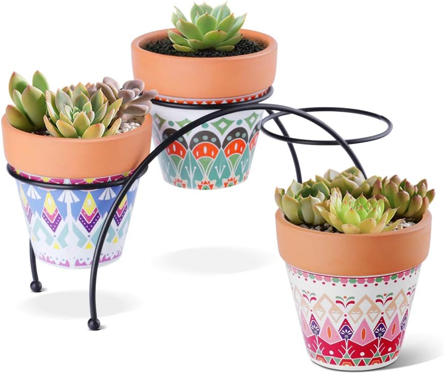 T4U Terracotta Succulent Planter Pots with Metal Stand Set of 3, Small