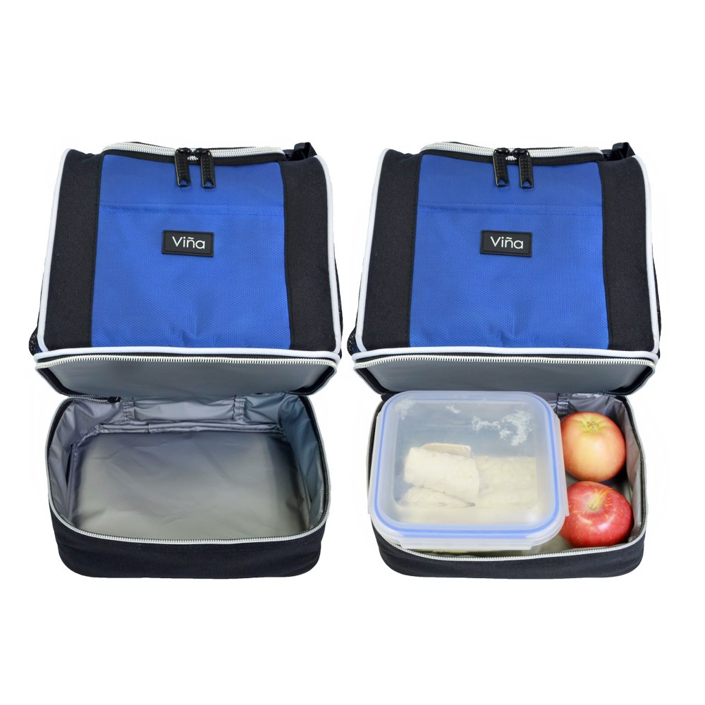 Vina Insulated Lunch Bag, Dual Compartment Reusable Bento Lunch Box Cooler Tote with Shoulder Strap for Adult and Kids, Blue