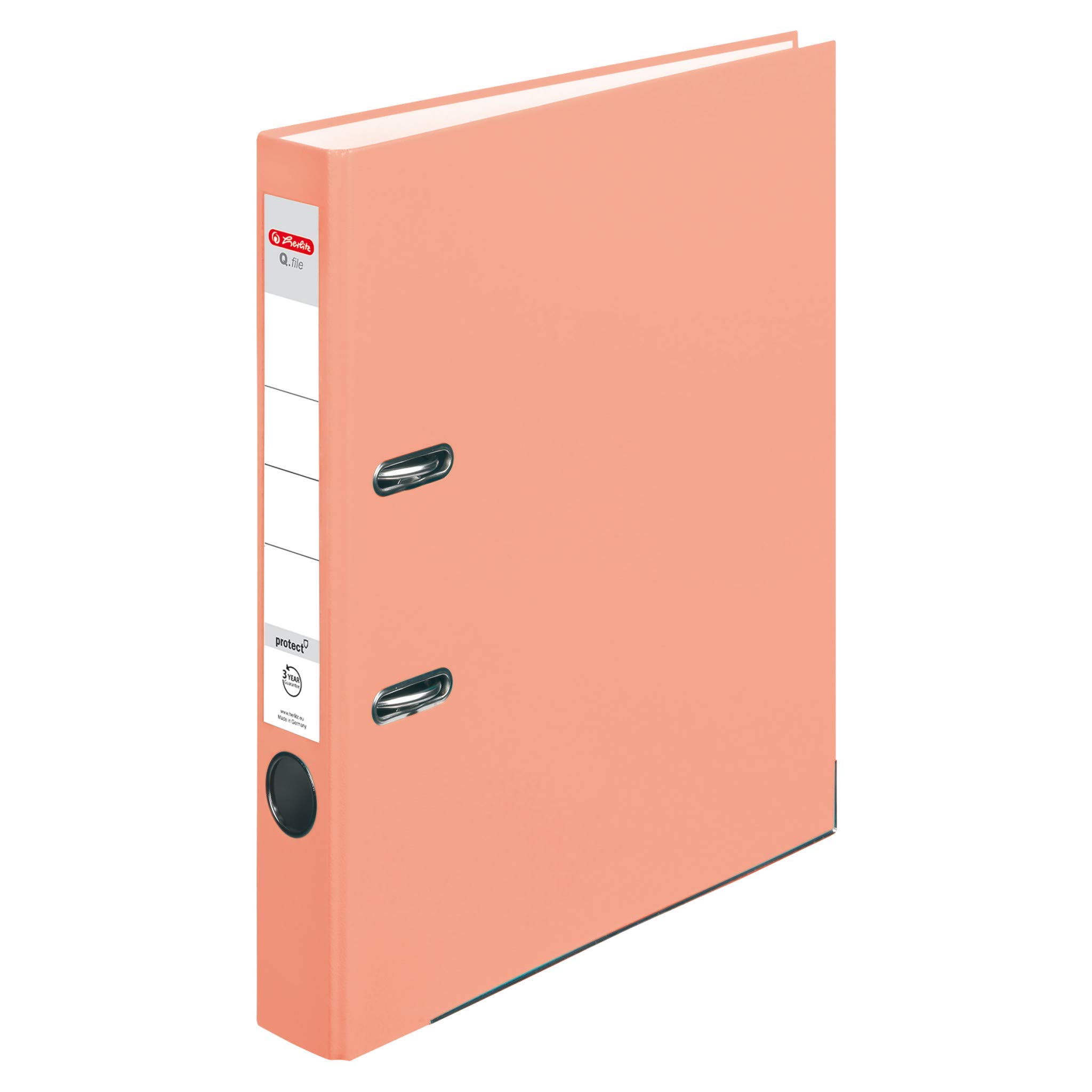 Herlitz® Folder Q.File | Spine 5 cm | PP Film | Office Organiser for A4 Documents | Change Label | Lever Mechanism with Print Strip | Holds 350 Sheets | Salmon