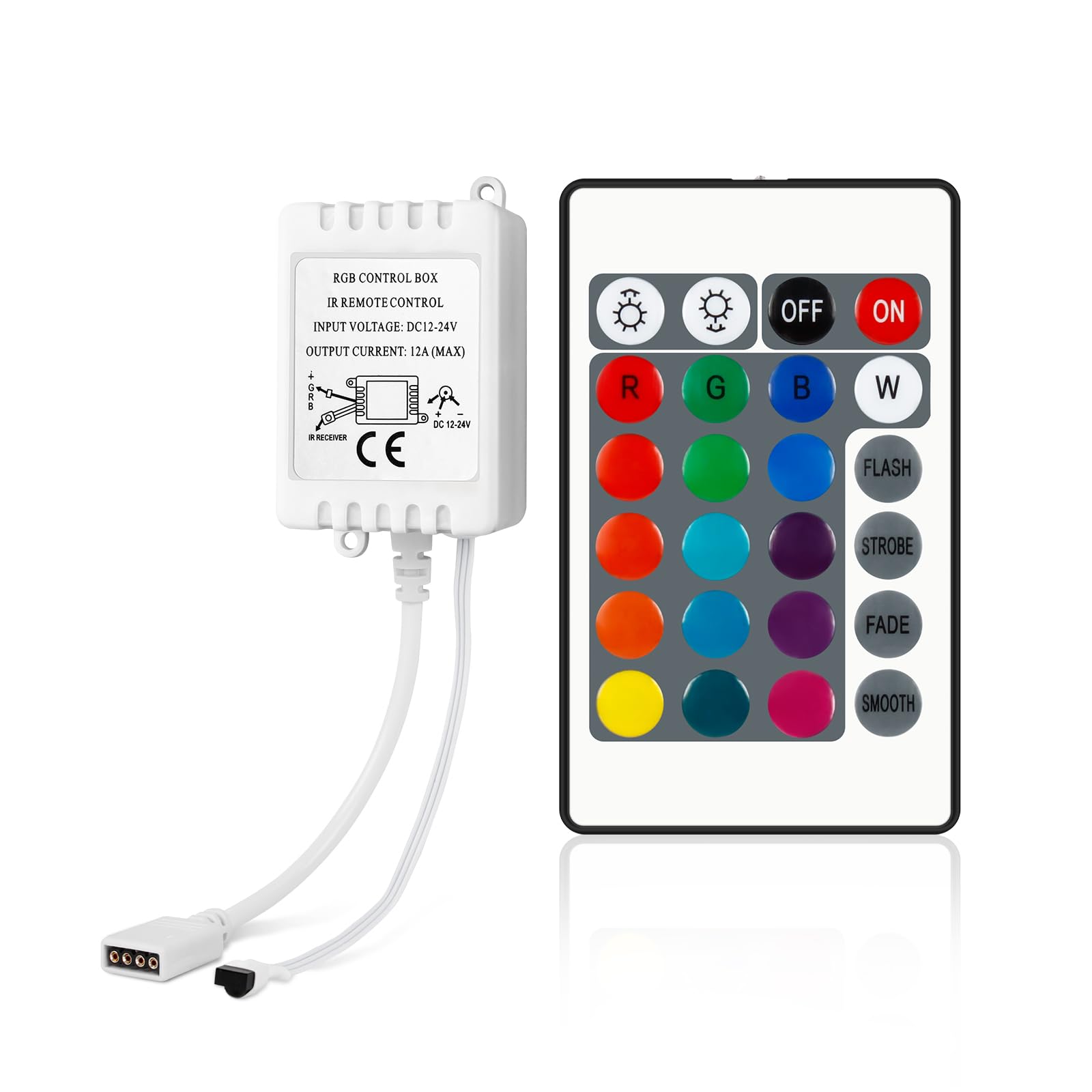 VIPMOON 24-Key IR Wireless Remote LED Controller with 4 Pin IR Receiver, DC 5V/12V/24V RGB Control Box IR Remote Controller for SMD 3528 5050 2835 RGB LED Strip Lights