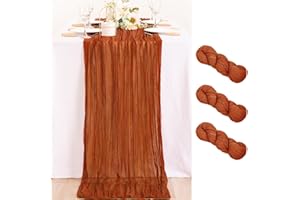MLMC 3 Pack Fall Table Runner Terracotta Cheesecloth Table Runner 10ft Wrinkled Rustic Burnt Orange Cheese Cloth Table Runner Bulk 35x120 Inches for Thanksgiving Bridal Baby Shower Decor