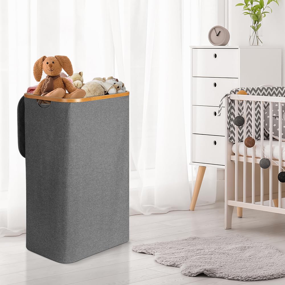 OUSFOT Wäschekorb mit Deckel 105L Wäschesammler faltbar aus 600D Oxford-Gewebe mit Abnehmbarem Wäschesack Bambus-Wäschebox Wäschesortierer Wäschetonne Laundry baskets Grau 7