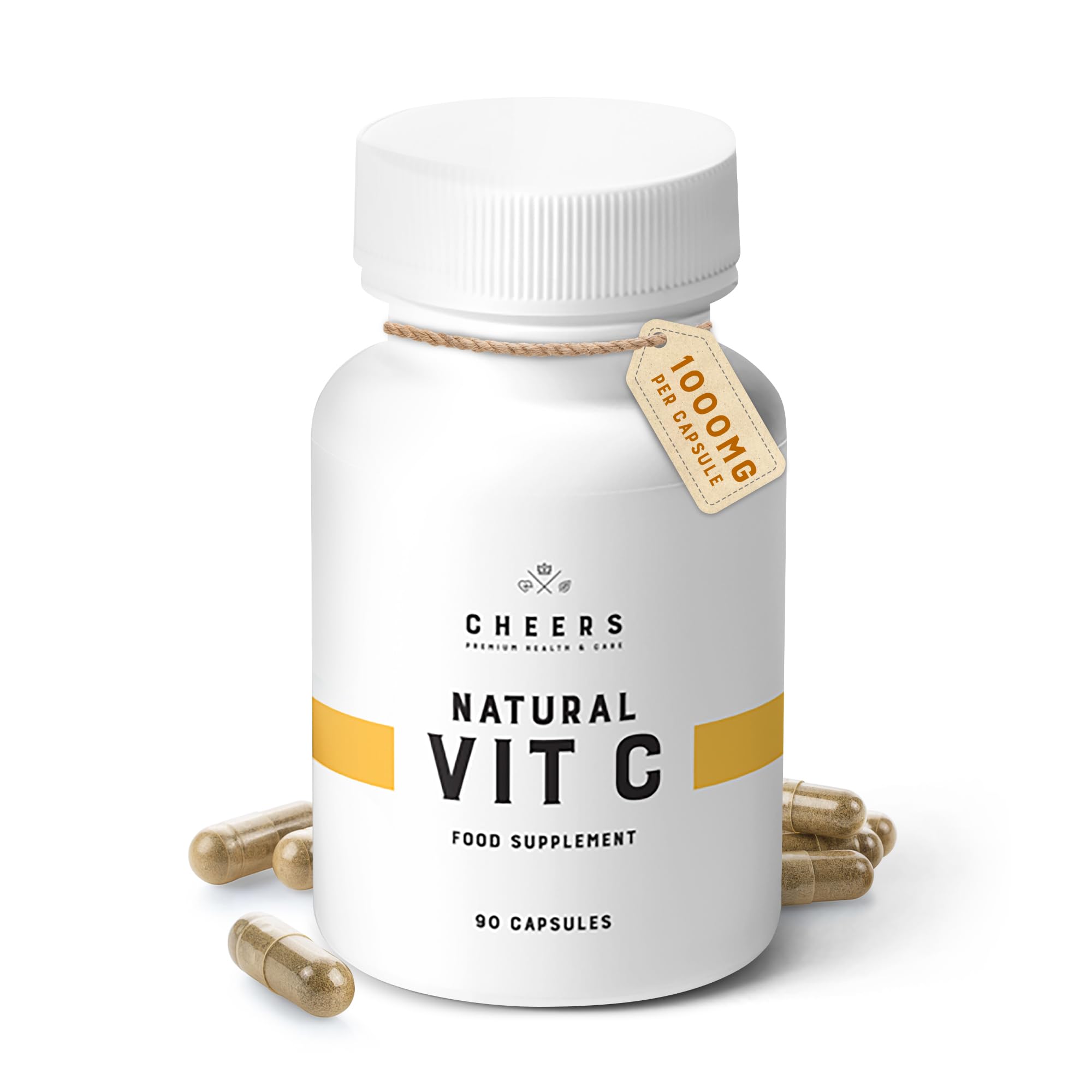 CHEERS - Natural Vitamin C, 90 Vegan Capsules, Immune System Booster Made from Rose Hip, 1000mg Vitamin C Tablets with Grapefruit and Acerola Extracts