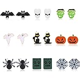 NLCAC Halloween Stud Earrings Set-Mixed Ghost Bat Black Cat Spider Cobweb Halloween Theme Post Stud Earring 9 Pairs