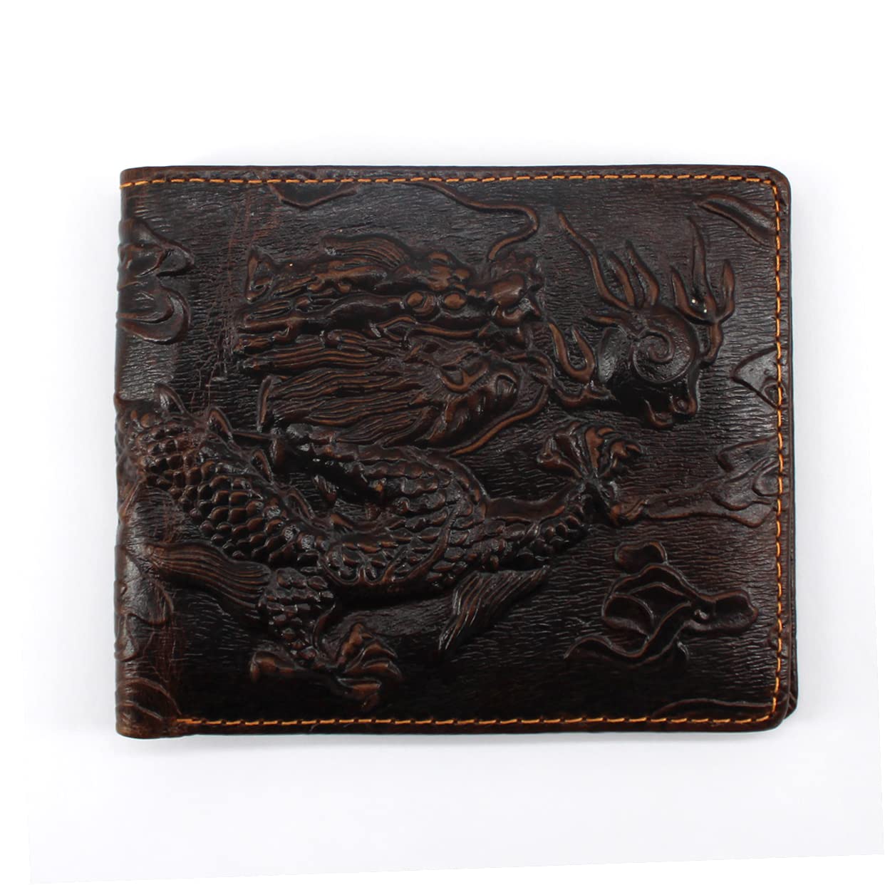 Medifier Mens Leather Genuine Extra Capacity Wallet Bifold Slim Brown Front Pocket Engraved Dragon Wallets with Credit Card Holder ID Window for Men Women Husband Boyfriend Him Gifts Horizontal Style