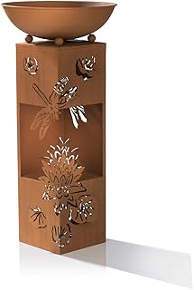 EASYmaxx LED-Dekosäule 3D-Rost-Optik mit LED-Beleuchtung Libelle und Seerosen | Abnehmbare Pflanzschale für eigene Blumen-Arrangements | Batteriebetrieben und mit Timer, für innen und außen [72cm]