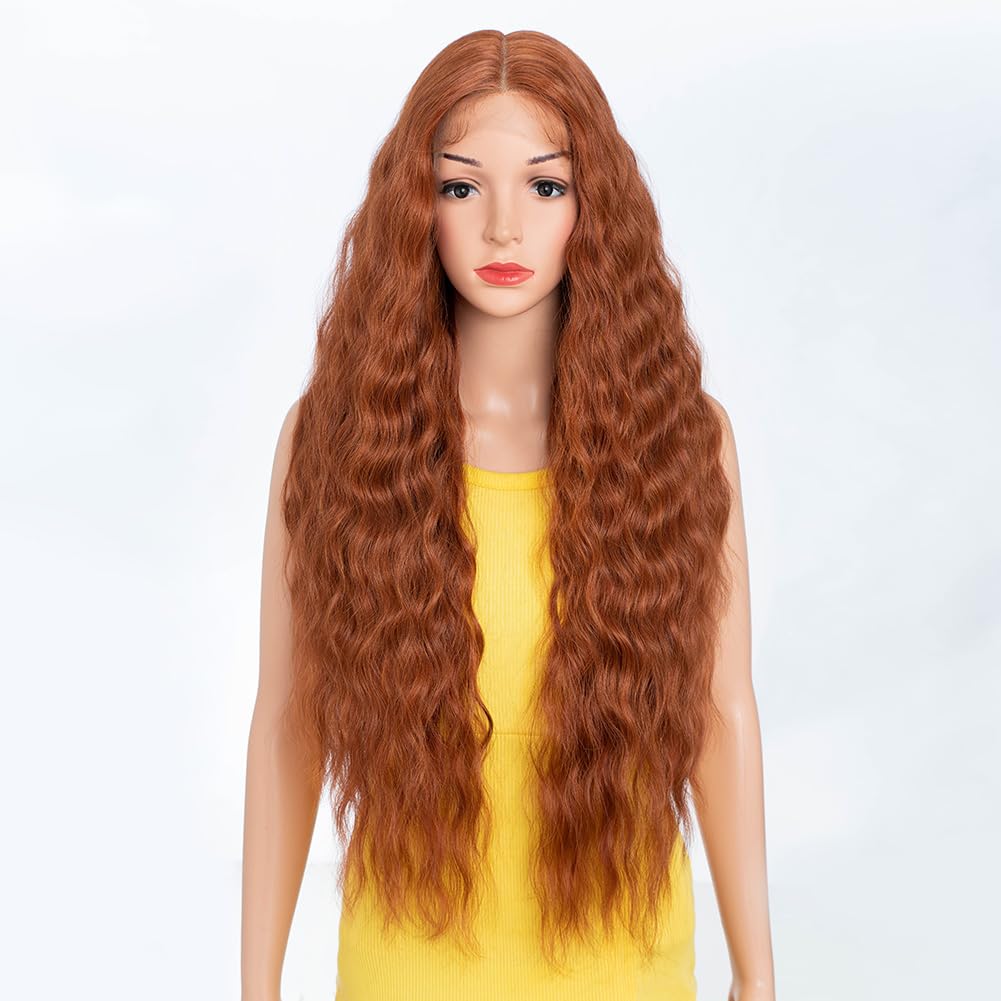 DÉBUT Lace Front Wigs 30 inches Water Wave Super Long Wigs 5% Brazilian Human Hair and 95% Heat Resistant Synthetic Wig 240g 6 inches Lace Parting (LACE 30", Copper Brown)