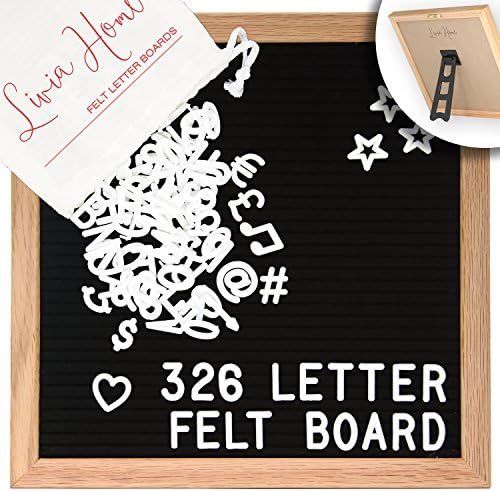 Letter Board with Stand - Black Felt Sign with 326 White Plastic Changeable Characters - Wooden 10 x 10 inch Square Solid Oak Frame - 7x5 inch Canvas Bag - Desktop Display by Livia Home