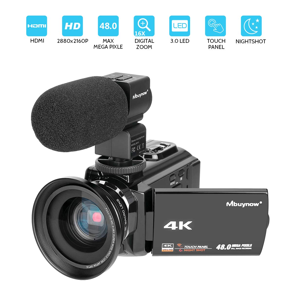 4K Camcorder, Mbuynow Video Camera 48MP 30FPS Ultra HD WiFi Digital Camera IR Night Vision 3.0\