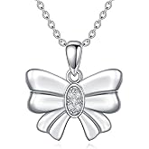 LWXIE Diamond Bow Necklace Sterling Silver Bow Tie Necklace Silver Bow-Knot Pendant Necklace for Women 18+2Inch