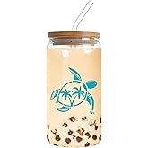 Fenmshairy Sea Turtle Drinking Glass Cup 16 Oz with Bamboo Lid and Straws, Iced Coffee Beer Cocktail Glass Tumbler, Holiday Christmas Birthday Gift for Dad Mom Sister Friends Bestie