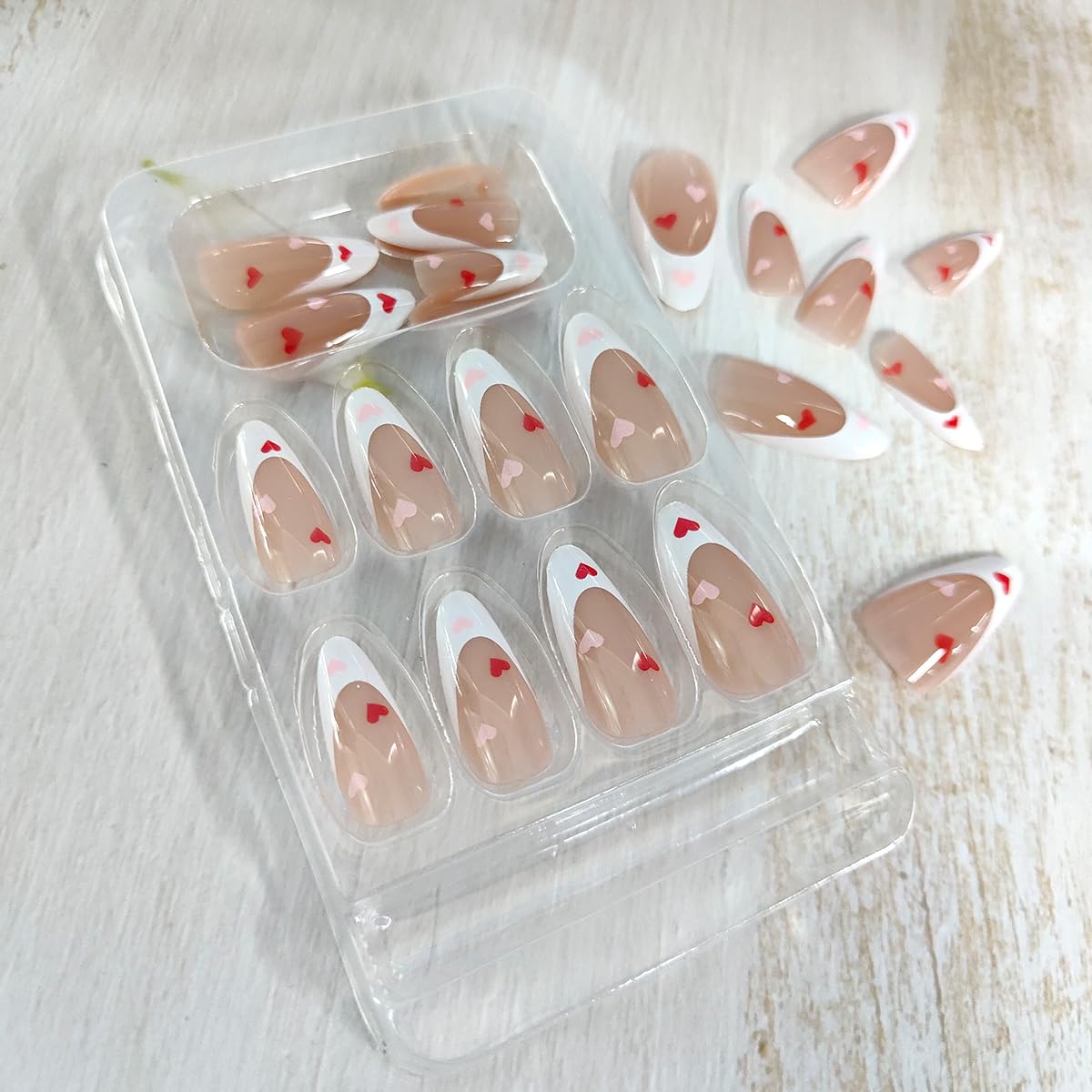 24pcs Heart Press-on Nails - Almond Valentines Fake Nails, Medium French Tip, Cute Hearts Designs, Glossy Acrylic, Reusable - Image 2