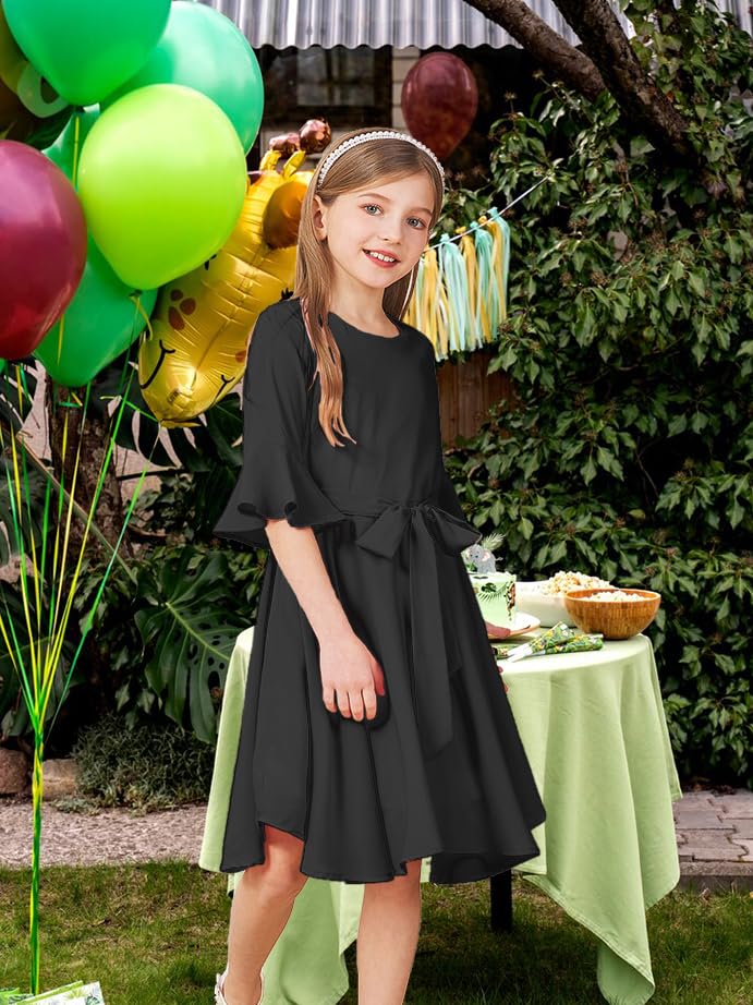 WIFFGO Girls Fall Winter Dresses Formal Fashion Belt Fit Knee High Modest Big Kids Midi Teen Dresses Outfits