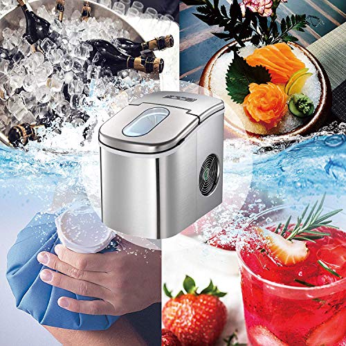 Countertop Ice Maker Machine,Portable Automatic Ice Maker,Ice Cubes Ready in 6 Mins,/1.5lbs Ice Storage,26lbs/24h,Ice Scoop and Basket,See-through Lid,LCD Display (Stainless Steel-2)