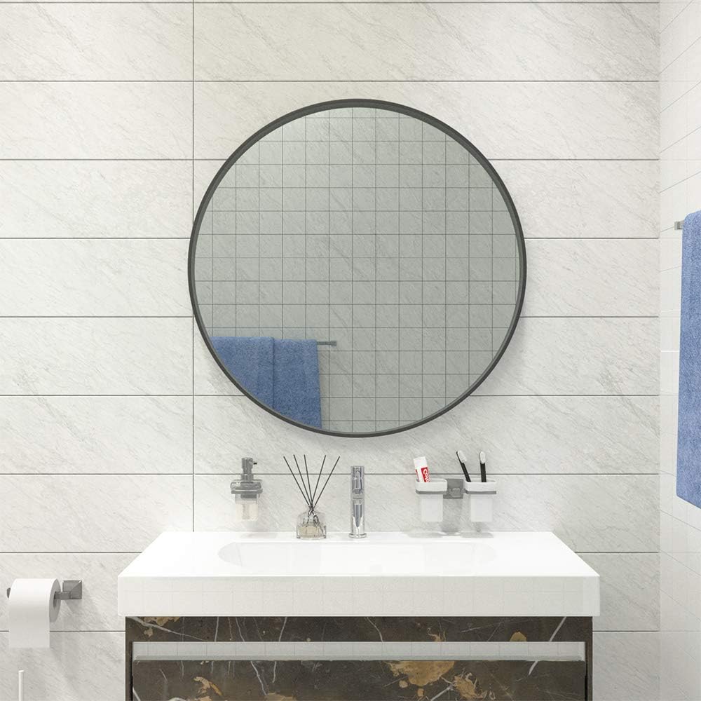 KAASUN 26-Inch Large Wall Mounted Round Mirror Premium Brushed Metal Coated Frame Black Wall Mirror for Washroom, Entryways, Living Rooms: Furniture & Decor