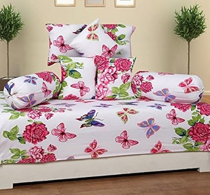 ZAINHOME Cotton Diwan (Pink Butterfly) - Set of 8 Pieces