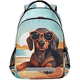 ALAZA Teens School Backpack Cute Dachshund Dog Beach Palm Tree Laptop Backpack with Reflective Strap, Travel Backpack Casual Daypack for Elementary Primary middle Bookbag