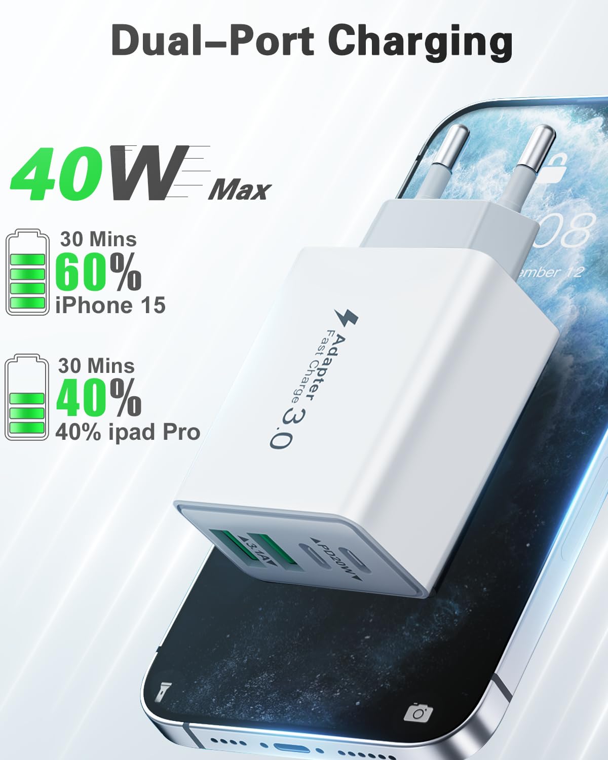 USB C Ladegerät, 40W 4 Ports Schnellladegerät, Mehrfach Stecker Mit Power Adapter Fast Charger Netzteil für iPhone 17 16 15 14 13 12 11 Pro Max, iPad, Samsung, Handys 2