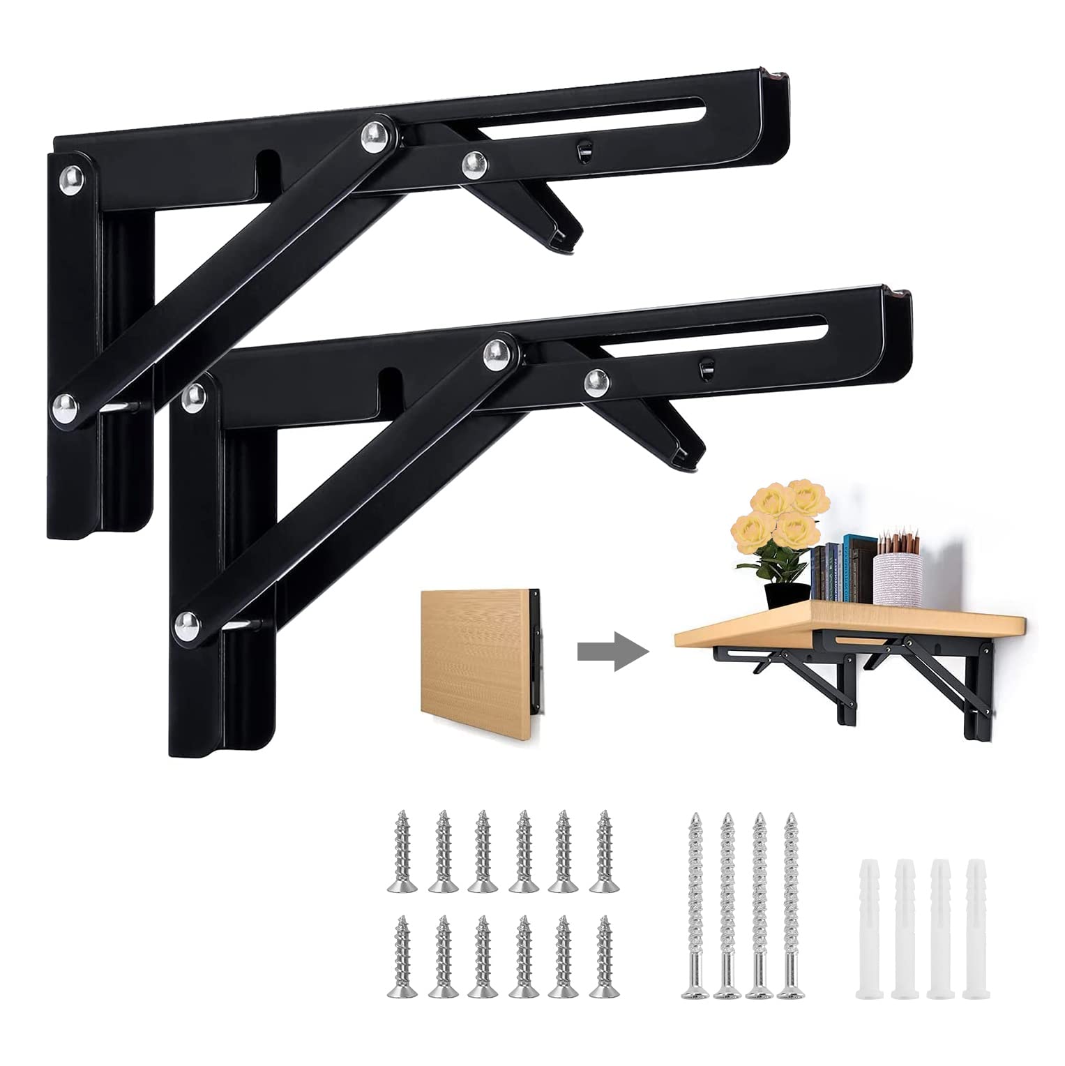 Folding Shelf Brackets 25cm, 2 pcs Heavy Duty Folding Shelf, Foldable Desk Brackets, Metal Black Triangle Wall Shelf Space Saving, Max Load 50kg, for DIY Book Shelf Bracket Table Chair ect — image 1