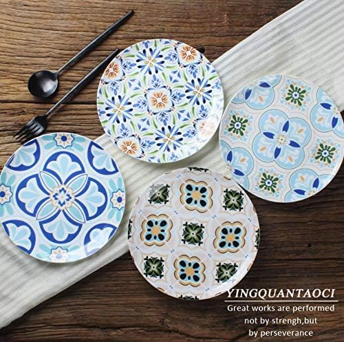 Plates, Ceramic Tableware, Steak Plates,Plate Bohemian Retro Style 8 Inch Western Tableware Round Ceramic Shallow Flat Dessert Plate