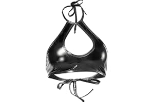 Yevin Shiny Metallic Rave Tops for Women Sexy Wet Look Leather Bra Halter Strap Outfit Crop Tops