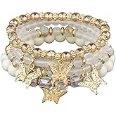 Hilufiet 4Pcs Set Bohemian Butterfly Crystal Stone Stretch Pendant Bracelets for Women Gold Beaded Stackable Stretch Bracelet Colorful Charm Jewelry Summer Beach