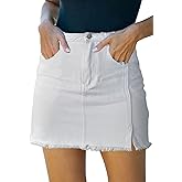 HERBATOMIA Women’s Denim Mini Skirt High Waist Casual Split Hem Washed Frayed A-line Jean Skirts with Pocket for Women