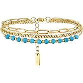 YADUDA Layered Bracelets Dainty Gold Bracelets for Women Chain Link Paperclip with Malachite Colorful Mixed Stones Blue Turquoise Rhodochrosite Adjustable 14K Gold Plated Boho Bracelets for Women